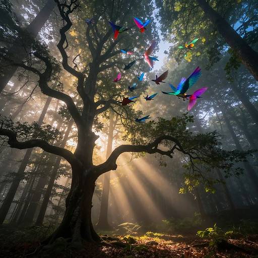 Photograph of a sunlit forest with rays of light piercing through tall trees, featuring a large, twisted tree and colorful, iridescent butterflies flying