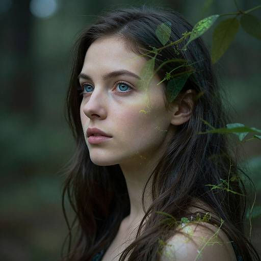 Photograph of a young woman with fair skin, blue eyes, and long dark brown hair, standing in a forest, partially obscured by green leaves,