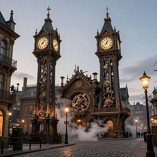 Photograph of a Victorian-style clock tower with twin clocks, ornate carvings, and steam rising, set against a twilight sky in an old