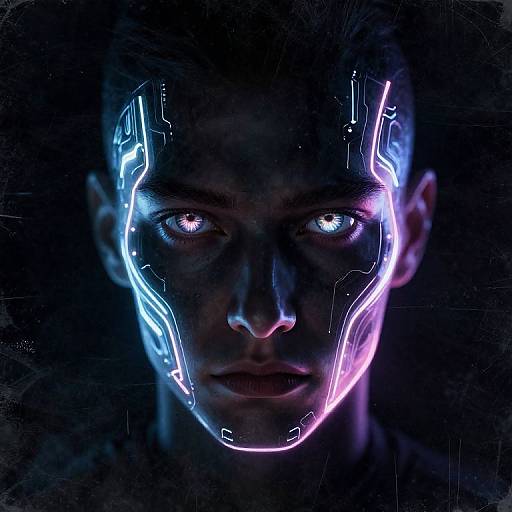 Digital artwork of a dark-skinned, bald person with glowing blue and pink circuit-like patterns on their face, intense blue eyes, and a shadowy