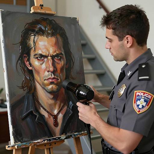 Police Officer Using Hairdryer on Oil Portrait