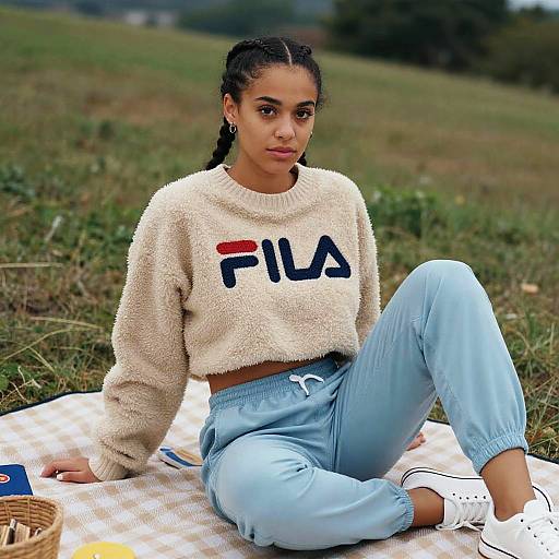 Photograph of a young woman with dark skin and braided hair, wearing a fuzzy beige Fila sweater and light blue pants, sitting on a check