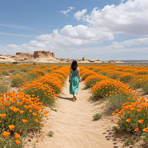 Photograph of a woman in a turquoise dress walking through a vibrant orange wildflower field, leading to sandy desert cliffs under a bright, partly cloudy sky