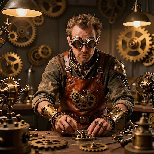 Steampunk inventor with round goggles, brown leather apron, and brass cuffs, working on gears in dimly lit workshop. Warm, industrial lighting