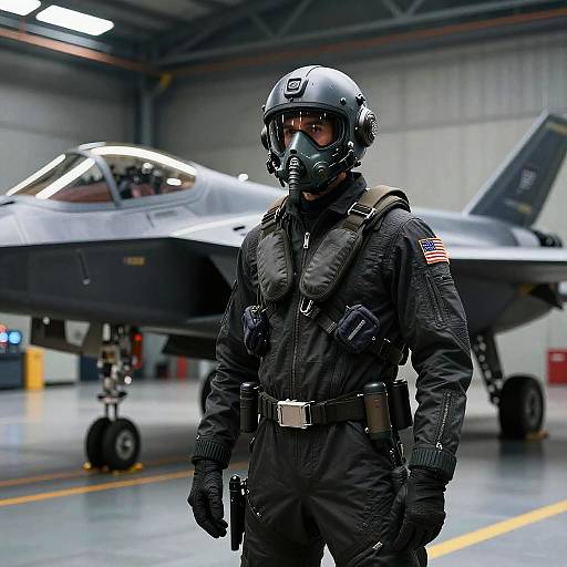 Futuristic Military Pilot in Hangar Scene