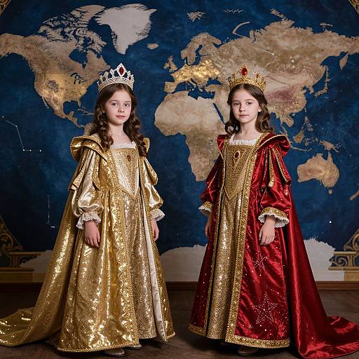 Photograph of two young girls in regal gold and red velvet dresses, wearing silver and gold crowns, standing in front of a blue world map