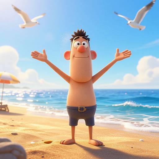 CGI cartoon of a shirtless, black-haired man with a large nose, wearing blue shorts, arms raised, standing on a sunny beach with se