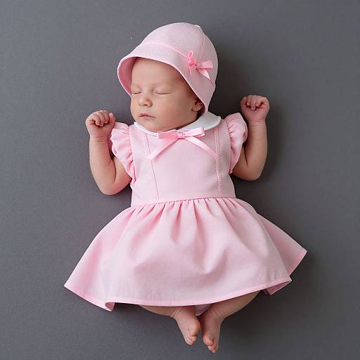 Photograph of sleeping baby girl in pink dress and hat, with pink bow, against gray background, arms raised, feet together.
