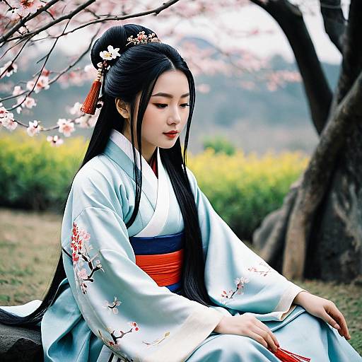Woman in Traditional Hanfu Sitting Outdoors
