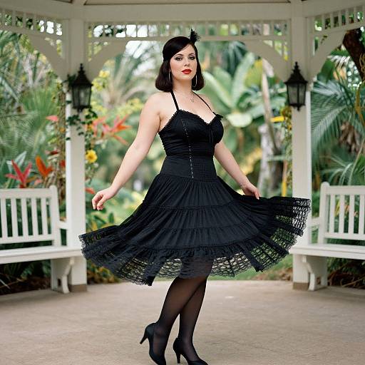 Photograph of a pale-skinned woman with black hair, wearing a black lace dress, black stockings, and heels, in a white gazebo surrounded