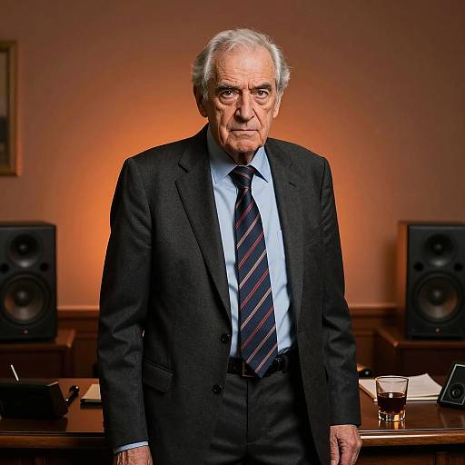 Mysterious Elder in Dimly Lit Office