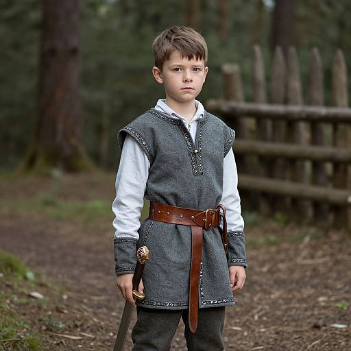 Photograph of a young boy with short brown hair, wearing a medieval-style gray tunic, white shirt, brown belt, and sword sheath,