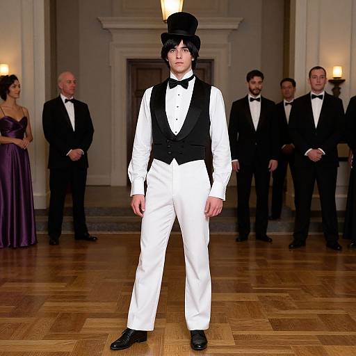 Photograph of a young man in a black top hat, white tuxedo, and black bow tie, standing in an elegant room with wooden floors