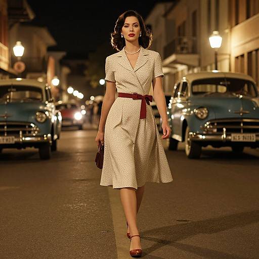 Photograph of a stylish woman in a 1950s white polka-dot dress with red belt, red heels, and pearl necklace, walking down
