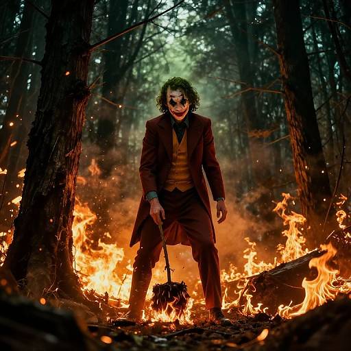Photograph-style digital art of Joker standing amid forest fire, wearing dark red suit, green hair, white face paint, wielding a mallet.