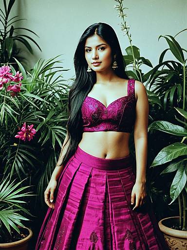 Magenta Lehenga Woman with Flowers
