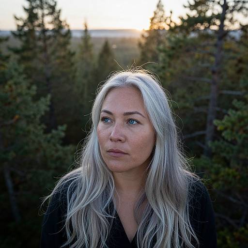 Photograph of a fair-skinned woman with long, silver hair, blue eyes, and neutral expression, standing in a dark forest at sunset.