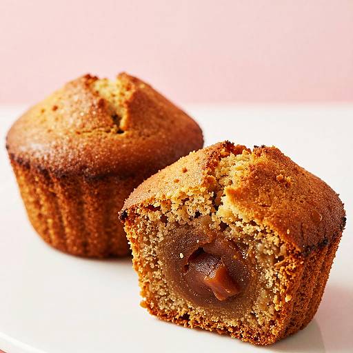 Photograph of two brown, textured chocolate muffins, one whole and one with a visible chocolate center, on a white background.