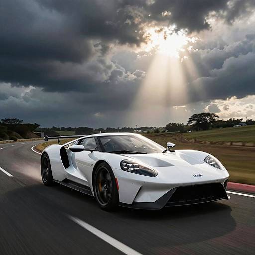 Photograph of a sleek white McLaren sports car speeding on a racetrack under dramatic, cloudy skies with sunlight breaking through.