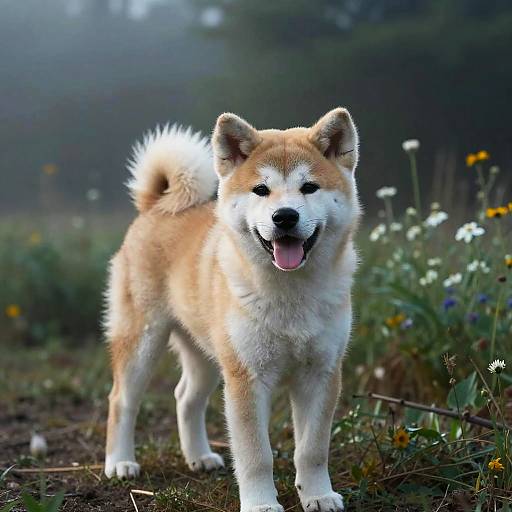 Playful Akita Inu Puppy in Morning Mist