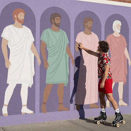 Man on Roller Skates Interacting with Roman Mural