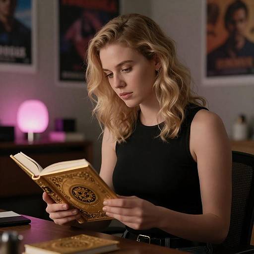 Blonde Woman Studying Ornate Book