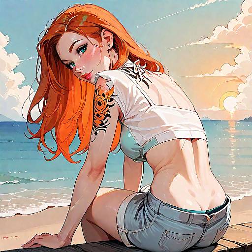 Anime Girl by the Sunset Sea