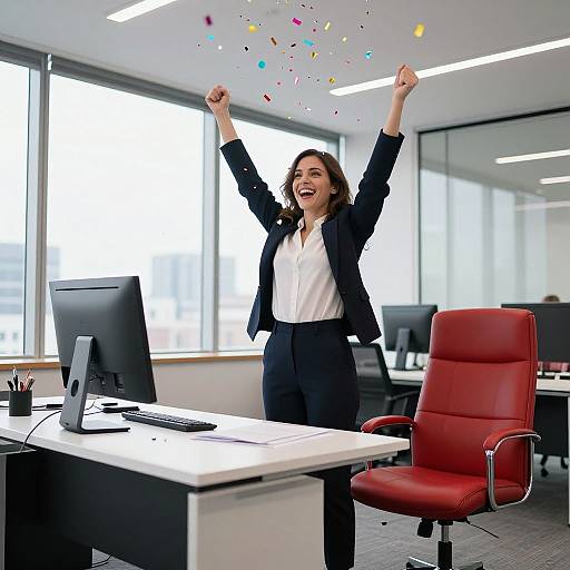 Photograph of a smiling woman in a black blazer and white shirt, raising arms victoriously, with colorful confetti falling, in a modern,