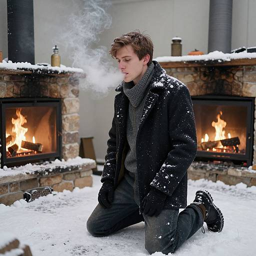 Photograph of a young man with short brown hair, kneeling in snow, smoking, wearing a black coat and gray sweater, in front of two lit