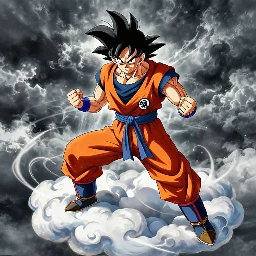Digital anime artwork of Super Saiyan Son Goku in orange gi, blue sash, and wristbands, standing on a cloud, surrounded by lightning.
