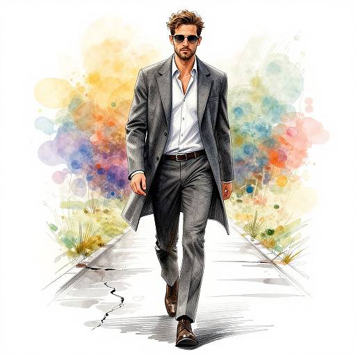 Digital illustration of a handsome, bearded man in a gray suit, white shirt, and sunglasses, walking confidently down a cracked pathway with colorful watercolor
