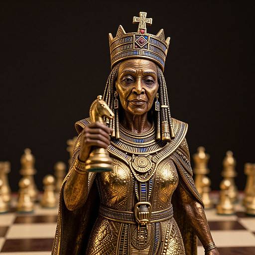 Photograph of a bronze statue of an African queen in elaborate golden and blue jewelry, wearing a crown, holding a chess piece, against a black background