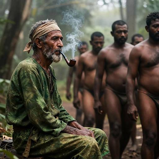 Calm Elder in Misty Forest Scene