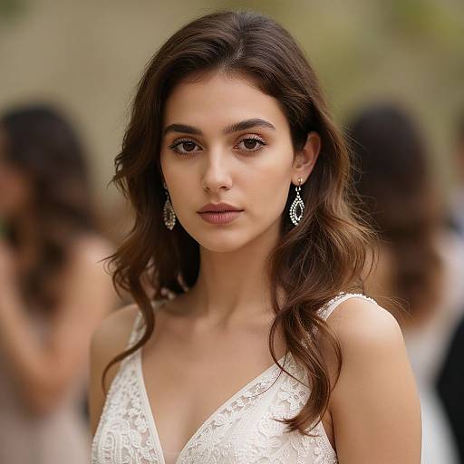 Photograph of a beautiful young woman with long brown hair, wearing a white lace dress and elegant teardrop earrings, standing outdoors with a blurred background