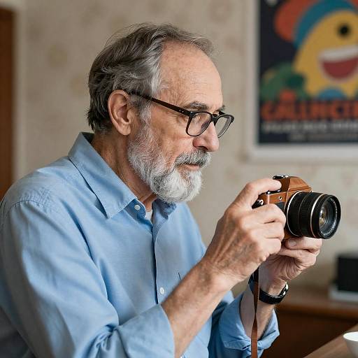 Elderly Man Examining Vintage Wooden Camera