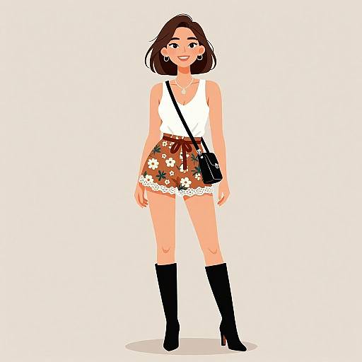 Illustration of a smiling woman with short brown hair, wearing a white tank top, floral brown shorts, black knee-high boots, and a black cross
