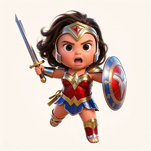 Digital illustration of a baby doll dressed as Wonder Woman, holding a sword and shield, with fierce expression and dynamic pose.