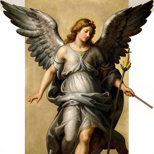 Classical painting of a fair-skinned, brown-haired angel with large black wings, wearing a flowing silver dress, holding a golden spear, against a