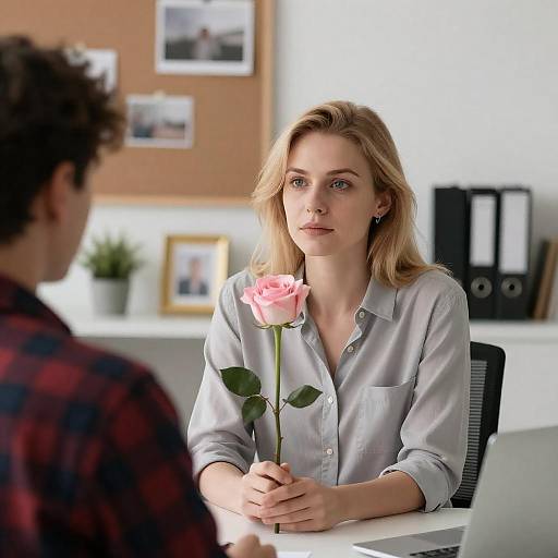 Blonde Woman at Desk with Rose
