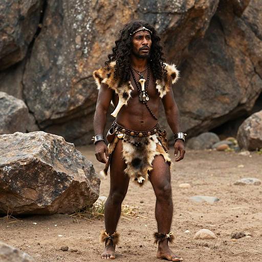 Detailed Caveman Attire and Setting