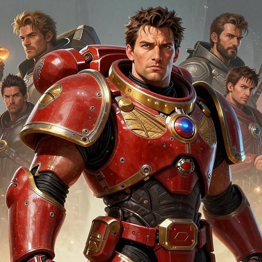 Digital artwork of six muscular, serious men in red and gold armored suits, led by a central, intense-looking man with dark hair. Background: mist