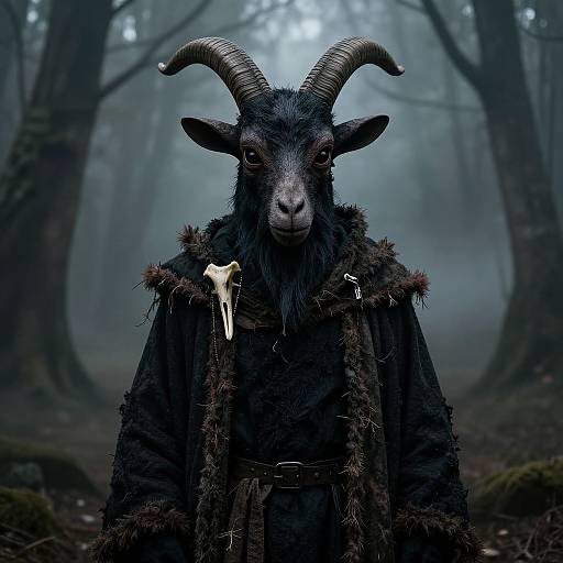 Photograph of a black goat with curved horns, wearing a fur-collared cloak with a bone pendant, standing in a misty, dark forest