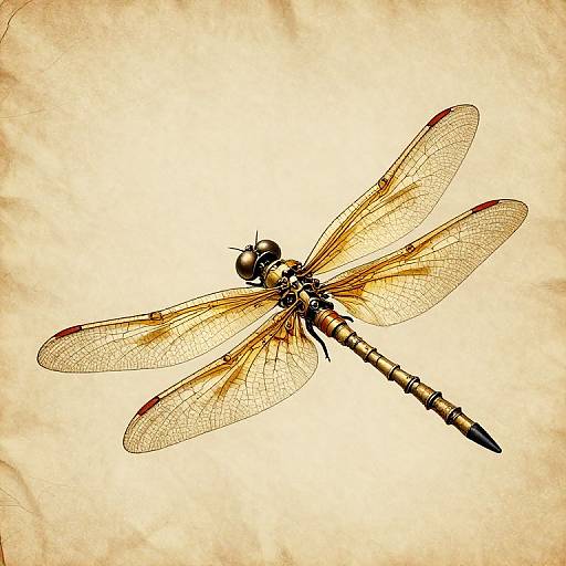 Detailed photograph of a golden dragonfly with translucent wings and red-tipped edges, set against a beige, textured background.