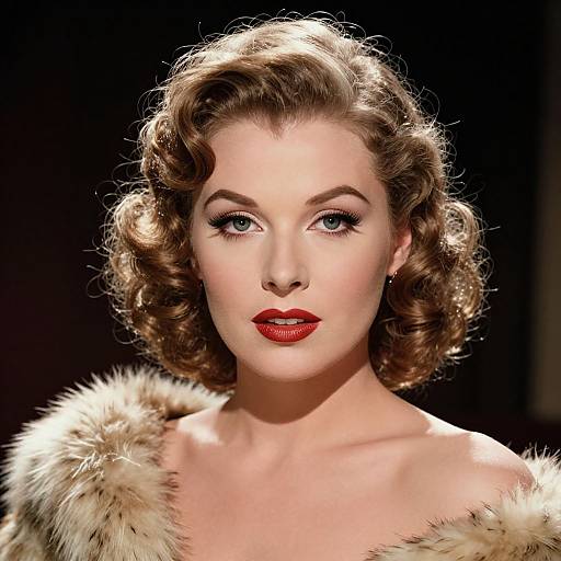 Photograph of a fair-skinned woman with vintage-style curly brown hair, red lipstick, and fur-trimmed dress, against a dark background.