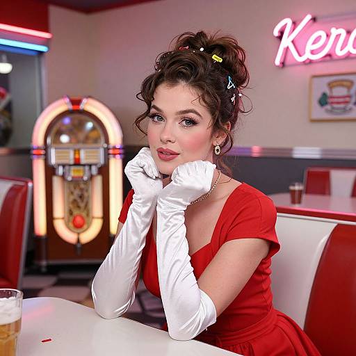 Photorealistic digital art of a 1950s-style woman in a red dress and white gloves, sitting in a neon-lit diner. 