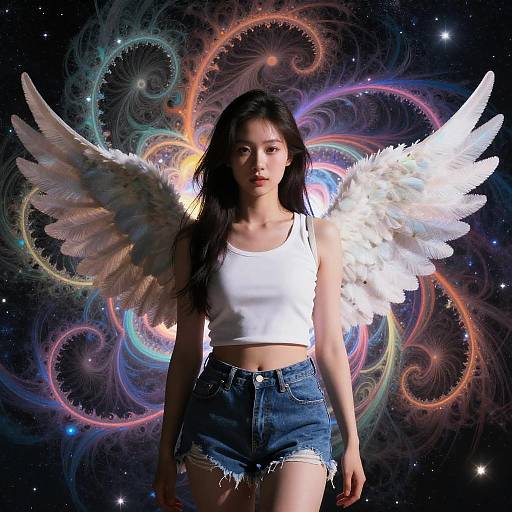 Young Woman with Angel Wings and Fractal Background