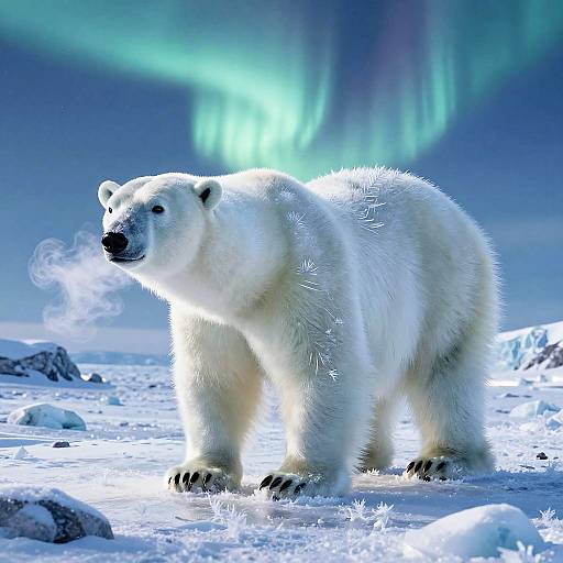Photograph of a large, white polar bear standing on snow-covered Arctic terrain with vivid green auroras in the night sky.