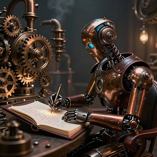 Photorealistic CGI: metallic robot with blue eyes writing in an open book, surrounded by large brass gears and pipes, dimly lit industrial background.
