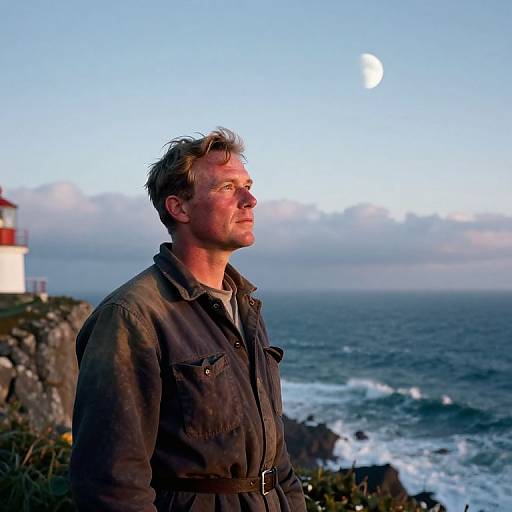 Photograph of a middle-aged man with tousled hair, wearing a brown jacket, gazing at a moonlit sea and lighthouse at dusk.