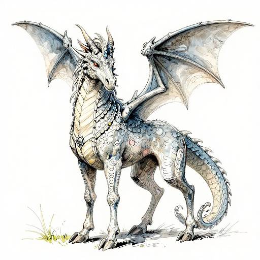 Detailed digital drawing of a white and blue-scaled dragon with large wings, standing on grass, showcasing intricate scales and a fierce expression.